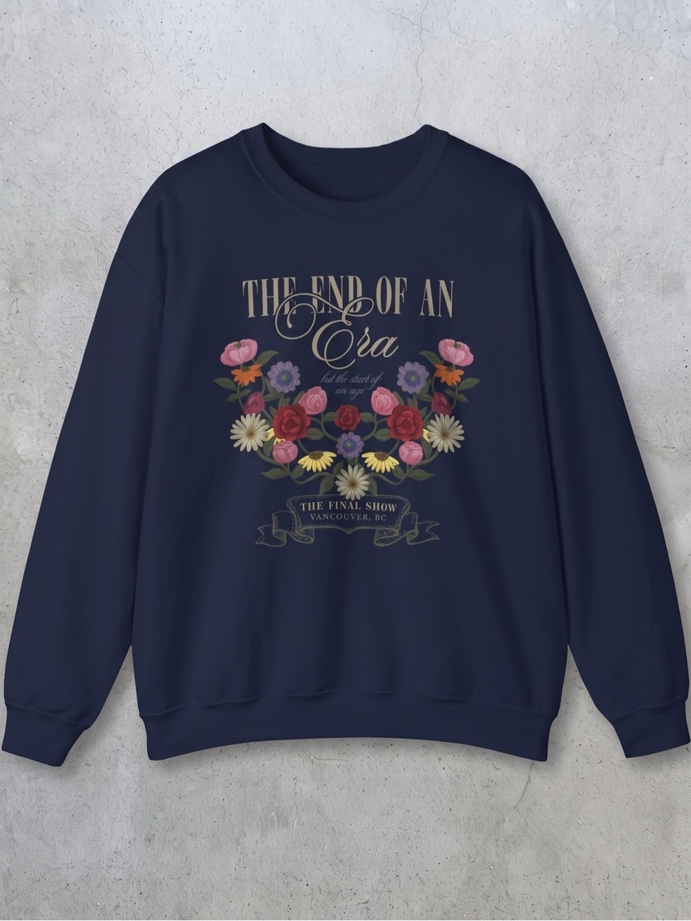 Navy Crewneck Sweatshirt with Floral 'The End of an Era' Graphic